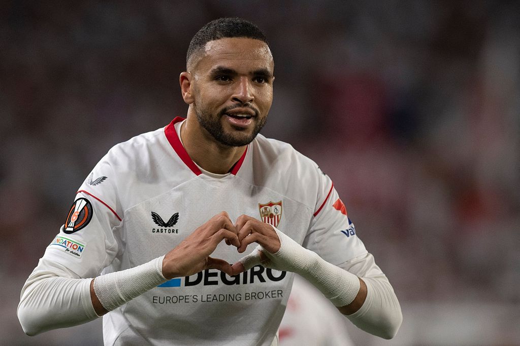 Sevilla's Moroccan forward Youssef En-Nesyri celebrates after scoring his team's third goal  during their Europa league clash with Manchester United at the Ramon Sanchez-Pizjuan stadium in Seville, Spain, April 20, 2023. /CFP