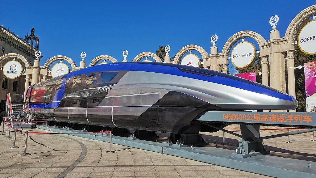 A high-speed maglev train that can run at a top speed of 600 km/h is displayed in Beijing, October 21, 2021. /CFP