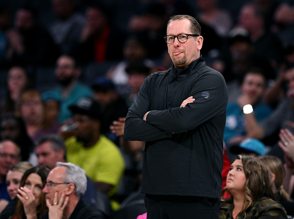 Nick Nurse, head coach of the Toronto Raptors, looks on during the game against the Charlott Hornets at the Spectrum Center in Charlotte, North Carolina, April 4, 2023. /CFP 