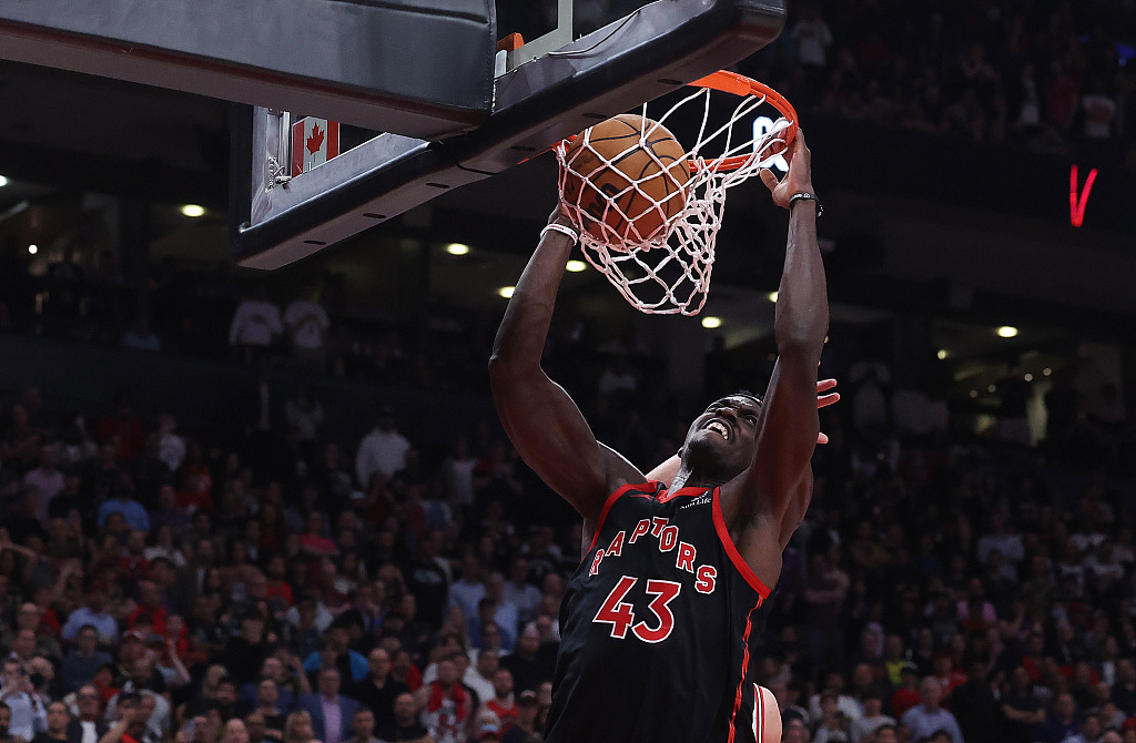 Pascal Siakam of of the Toronto Raptors dunks in the NBA Eastern Conference play-in tournament game against the Chicago Bulls at the Scotiabank Arena in Toronto, Canada, April 12, 2023. /CFP