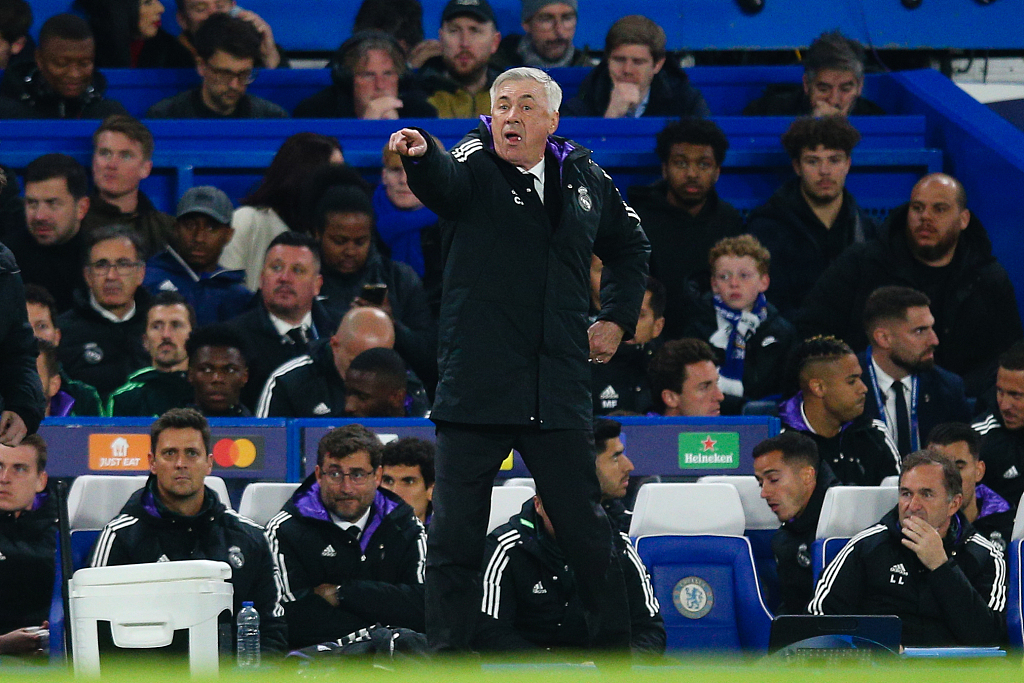 Carlo Ancelotti, manager of Real Madrid, looks on during the second-leg game of the UEFA Champions League quarterfinals against Chelsea at the Stamford Bridge in London, England, April 18, 2023. /CFP