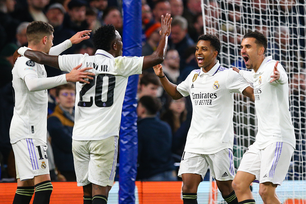 Players of Real Madrid celebrate after scoring a goal in the second-leg game of the UEFA Champions League quarterfinals against Chelsea at the Stamford Bridge in London, England, April 18, 2023. /CFP