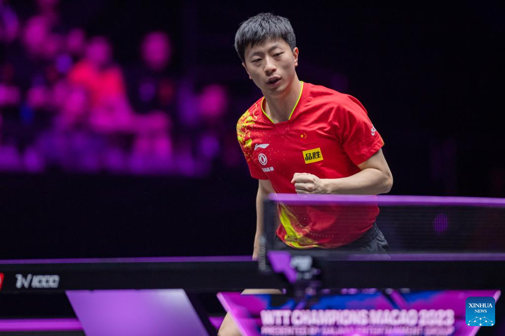 Ma Long of China hits a return during the men's singles semifinal against Alexis Lebrun of France at the WTT Champions 2023 in Macao, China, April 22, 2023. /Xinhua