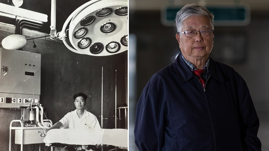 This combined photo shows a copy photo of Xue Jin at a hospital in Algeria on August 26, 1967 (L) and Xue Jin posing for a photo at Hubei Cancer Hospital in Wuhan, central China's Hubei Province, March 14, 2023 (R). In 1965, Xue Jin, a 29-year-old surgeon, became the youngest member of a Chinese medical team that was sent to assist a hospital in Saida, a city in northwestern Algeria. /Xinhua