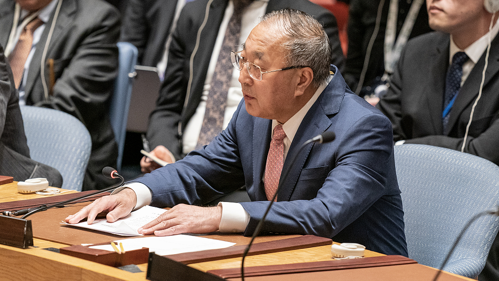 China's permanent representative to the United Nations Zhang Jun speaks during the UN Security Council meeting on the maintenance of international peace and security at UN headquarters in New York on April 24, 2023. /CFP