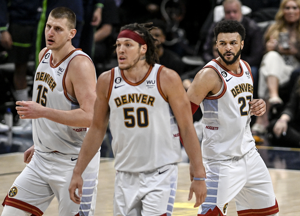 L-R: Nikola Jokic, Aaron Gordon and Jamal Murray of the Denver Nuggets look on in Game 5 of the NBA Western Conference first-round playoffs against the Minnesota Timberwolves at Ball Arena in Denver, Colorado, April 25, 2023. /CFP