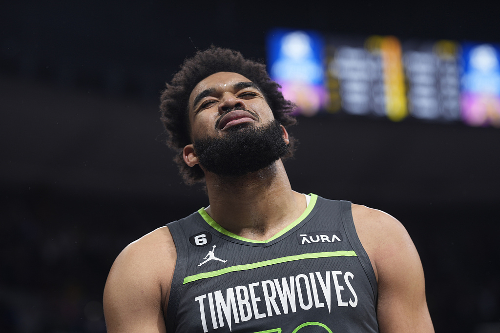 Karl-Anthony Towns of the Minnesota Timberwolves reacts in Game 5 of the NBA Western Conference first-round playoffs against the Denver Nuggets at Ball Arena in Denver, Colorado, April 25, 2023. /CFP