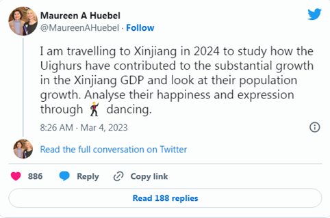 A screenshot of Maureen Huebel's tweet about her planned 2024 Xinjiang trip. 