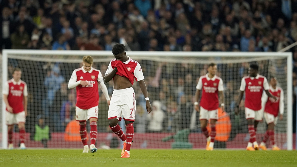 Arsenal players during their Premier League clash with Manchester City at the Etihad Stadium in Manchester, England, April 26, 2023. /CFP