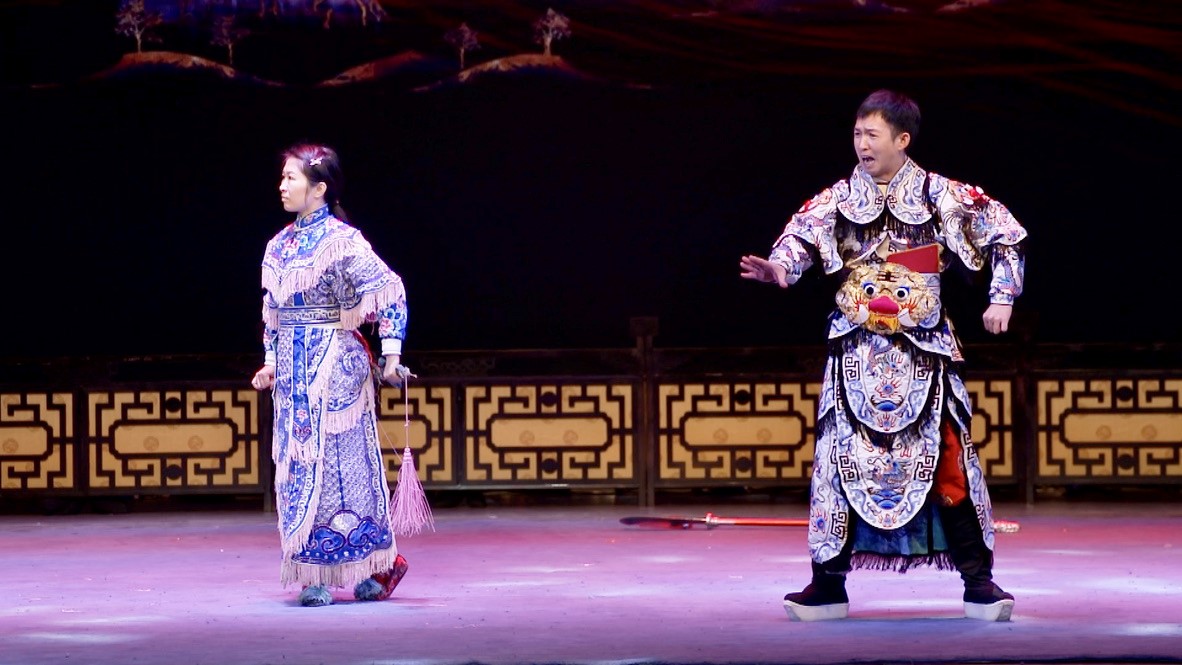 Two young actors perform Yong opera, a traditional Chinese opera that is popular in Guangxi, during their studies in Taiyuan, Shanxi on April 18, 2023. /CGTN