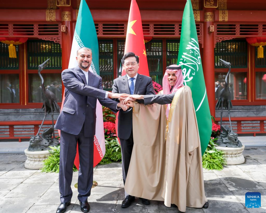 Chinese State Councilor and Foreign Minister Qin Gang meets with Saudi Arabian Foreign Minister Prince Faisal bin Farhan Al Saud and Iranian Foreign Minister Hossein Amir-Abdollahian in Beijing, capital of China, April 6, 2023. /Xinhua