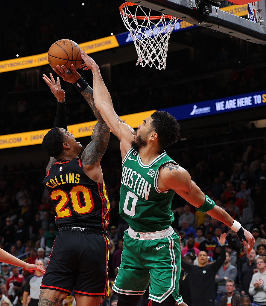 Jayson Tatum (#0) of the Boston Celtics blocks a shot by John Collins of the Atlanta Hawks in Game 6 of the NBA Eastern Conference first-round playoffs at State Farm Arena in Atlanta, Georgia, April 27, 2023. /CFP