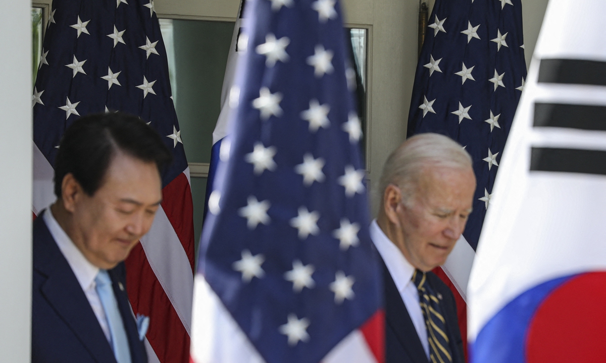 U.S. President Joe Biden (R) and South Korean President Yoon Suk-yeol hold a joint press conference at the White House in Washington D.C., U.S., April 26, 2023. /IC