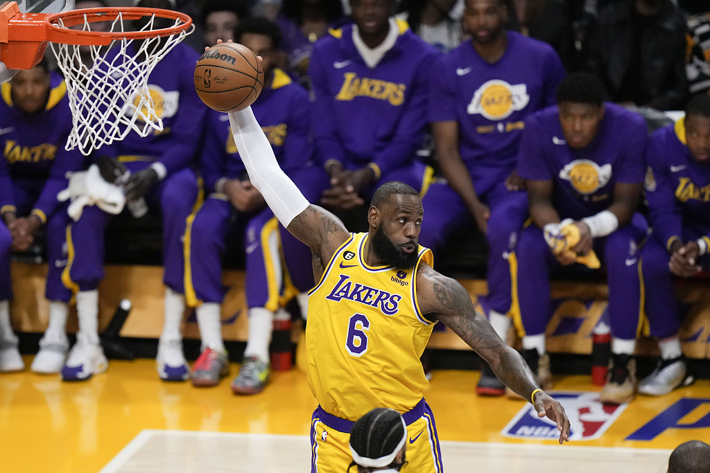 LeBron James (#6) of the Los Angeles Lakers grabs a rebound in Game 6 of the NBA Western Conference first-round playoffs against the Memphis Grizzles at Crypto.com Arena in Los Angeles, California, April 28, 2023. /CFP