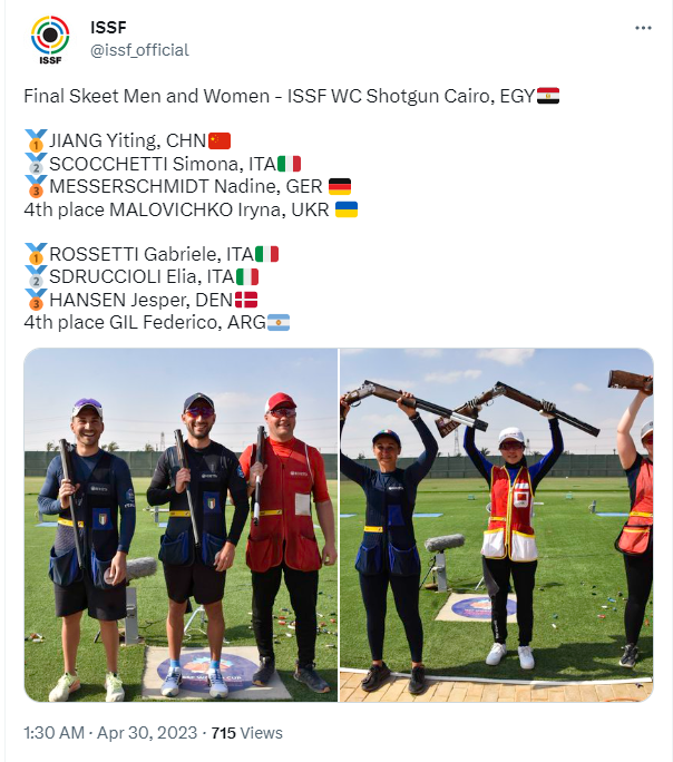 ISSF's tweet on April 30 about players and their rankings in the skeet event. /@issf_official