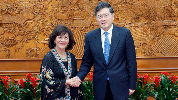 Chinese State Councilor and Foreign Minister Qin Gang meets with UN Secretary-General's special envoy on Myanmar Noeleen Heyzer, Beijing, May 1, 2023. /Chinese Foreign Ministry