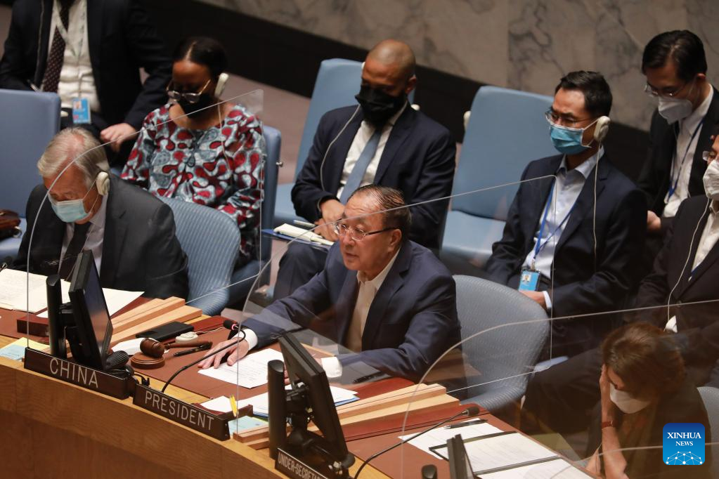 Zhang Jun (C, front), China's permanent representative to the United Nations, speaks during a UN Security Council meeting on the Ukraine conflict at the UN headquarters in New York, August 24, 2022. /Xinhua
