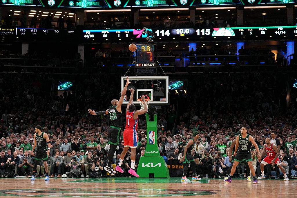 James Harden (#1) of the Philadelphia 76ers shoots in Game 1 of the NBA Eastern Conference semifinals against the Boston Celtics at the TD Garden in Boston, Massachusetts, May 1, 2023. /CFP