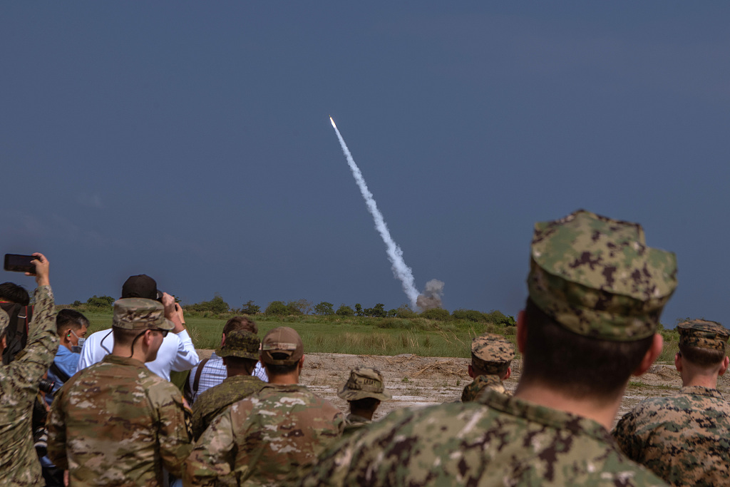 A patriot surface-to-air missile is launched by the U.S. Military during a live fire drill at the Naval Education Training and Doctrine Command in San Antonio, Zambales, Philippines, April 26, 2023. /CFP