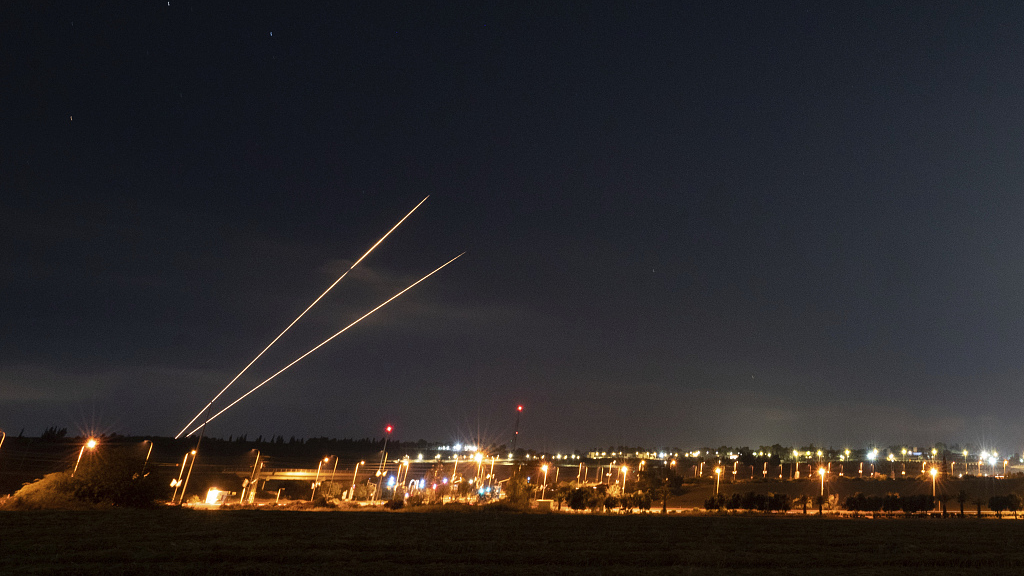 Rockets launched from the Gaza Strip toward Israel are seen from the Israeli side of the border, May 2, 2023. /CFP