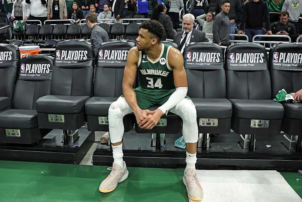 Giannis Antetokounmpo of the Milwaukee Bucks looks frustrated after the 128-126 loss to thr Miami Heat in Game 5 of the NBA Eastern Conference first-round playoffs at the Fiserv Forum in Milwaukee, Wisconsin, April 26, 2023. /CFP