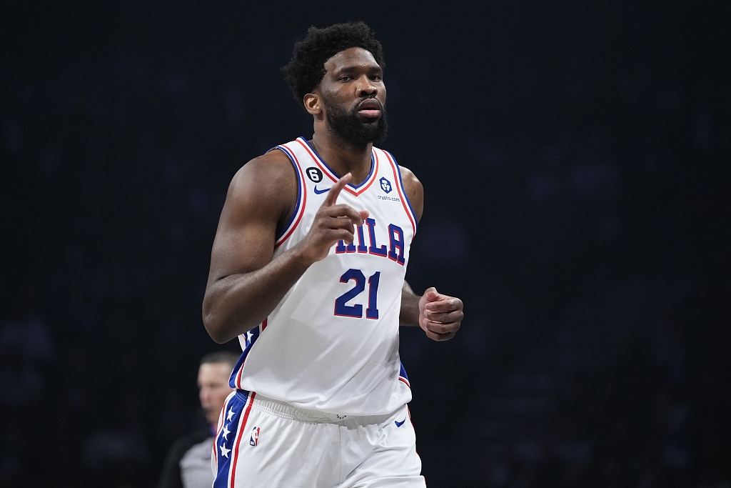 Joel Embiid of the Phialdelphia 76ers looks on in Game 1 of the NBA Eastern Conference first-round playoffs against the Brooklyn Nets at thr Barclays Center in Brooklyn, New York City, April 20, 2023. /CFP
