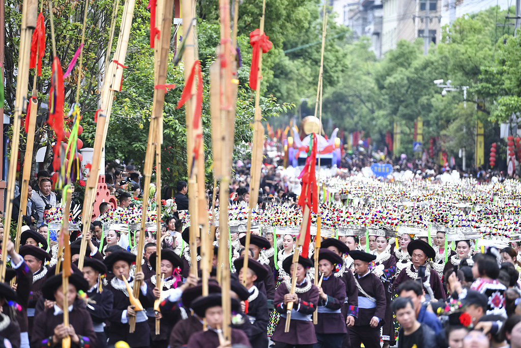Taijiang County in Guizhou hosts the annual Miao Sisters Festival on May 2, 2023. /CFP
