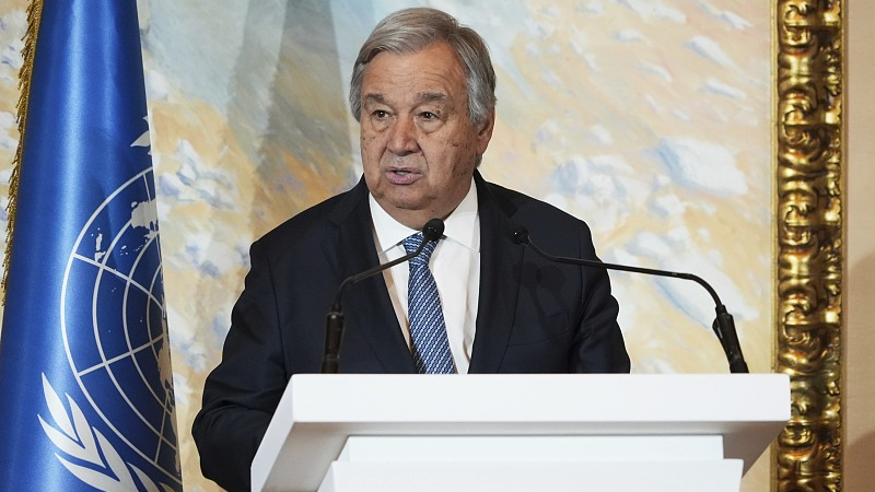 UN Secretary-General Antonio Guterres gives an address after a closed-door summit on Afghanistan, Doha, Qatar, May 2, 2023. /CFP