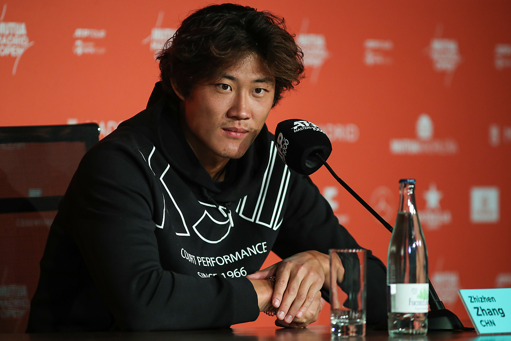 Zhang Zhizhen of China attends a press conference after his win over Taylor Fritz of the United States at the Madrid Open, Spain, May 2, 2023. /CFP