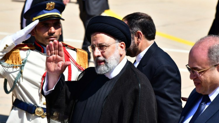 Iranian President Ebrahim Raisi waves upon his arrival at Damascus International Airport in Damascus, Syria, May 3, 2023. /Xinhua
