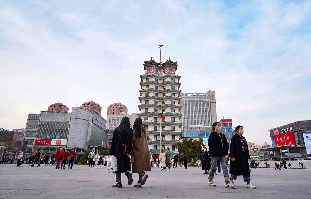 A partial view of the Erqi Square in Zhengzhou, with the Erqi Memorial Tower in the middle. /CFP