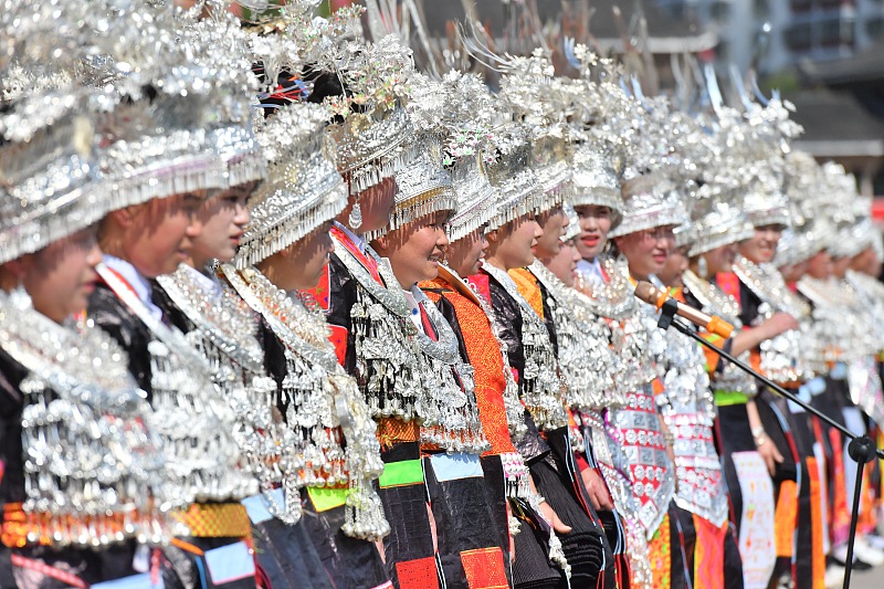 Women from the Miao ethnic group dressed in their traditional costumes participate in the annual Sisters Festival in Guizhou. /CFP