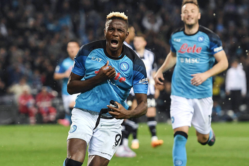 Napoli's Victor Osimhen celebrates after scoring a goal during their clash with Udinese at Dacia Arena in Udine, Italy, May 4, 2023. /CFP