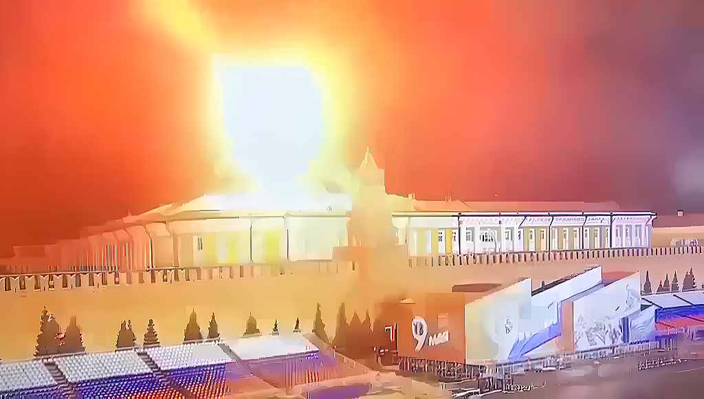 The image taken from video shows a flying object exploding in an intense burst of light near the dome of the Kremlin Senate building in Moscow, Russia, April 3, 2023. /CFP