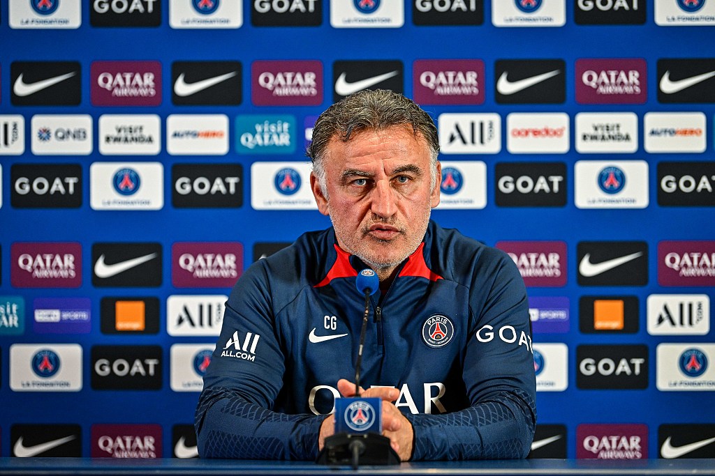 PSG head coach Christophe Galtier speaks at a press conference after the Paris Saint Germain training session in Paris, France, May 5, 2023. /CFP