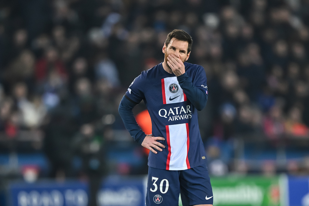 Lionel Messi of Paris Saint-Germain looks dejected during their Champions League clash with Bayern Munich at Parc des Princes in Paris, France, February 14, 2023. /CFP