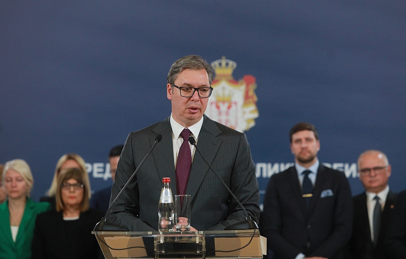 Serbian President Aleksandar Vucic announces amendments to the law on weapons and ammunition controls and increased police presence around schools in the wake of two mass shootings this week in Belgrade, Serbia, May 05, 2023. /CFP