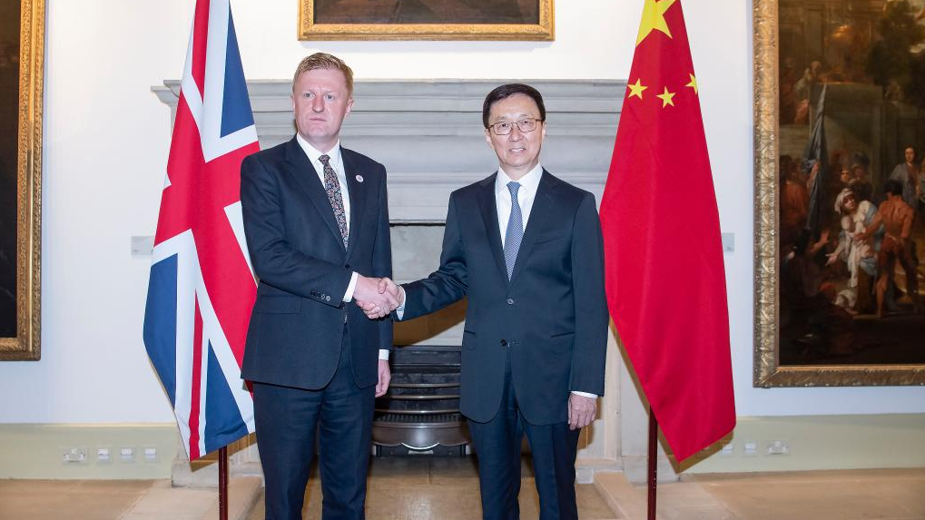Chinese Vice-President Han Zheng meets with British Deputy Prime Minister Oliver Dowden during a visit to the UK to attend the coronation ceremony of King Charles III and related activities in London from May 5 to 6, 2023. /Xinhua