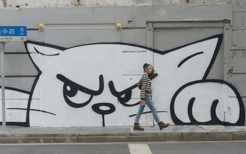 Cat-themed street paintings are photographed at a road in Shanghai on May 6, 2023. /CFP