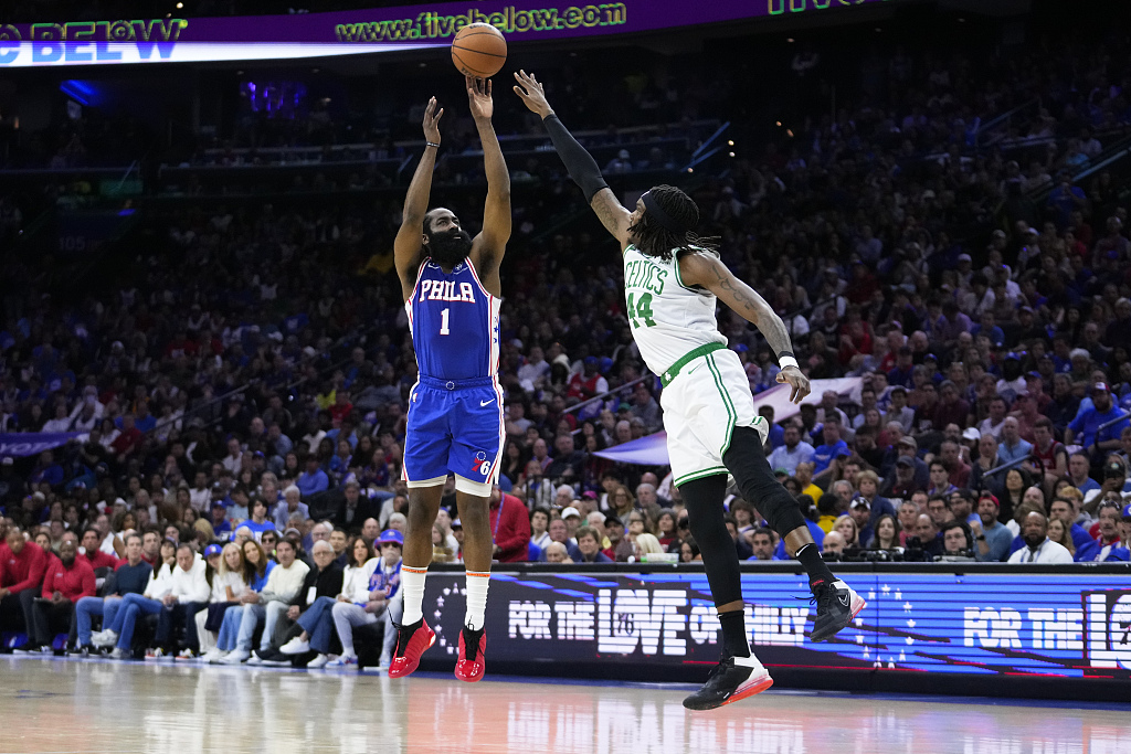 James Harden (#1) of the Phialdelphia 76ers shoots in Game 4 of the NBA Eastern Conference semifinals against the Boston Celtics at the Wells Fargo Center in Philadelphia, Pennsylvania, May 7, 2023. /CFP