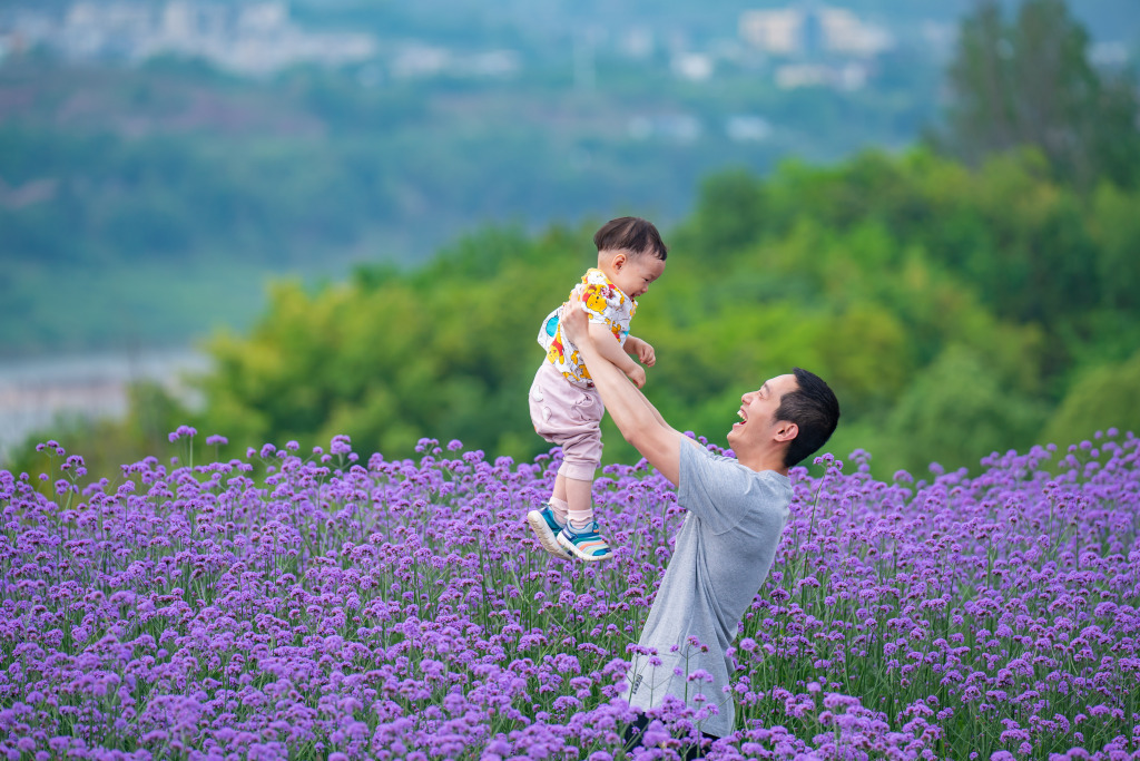 Tourists enjoy the blooming purple spikes of vervain blossoms in Chongqing on May 7, 2023. /CFP