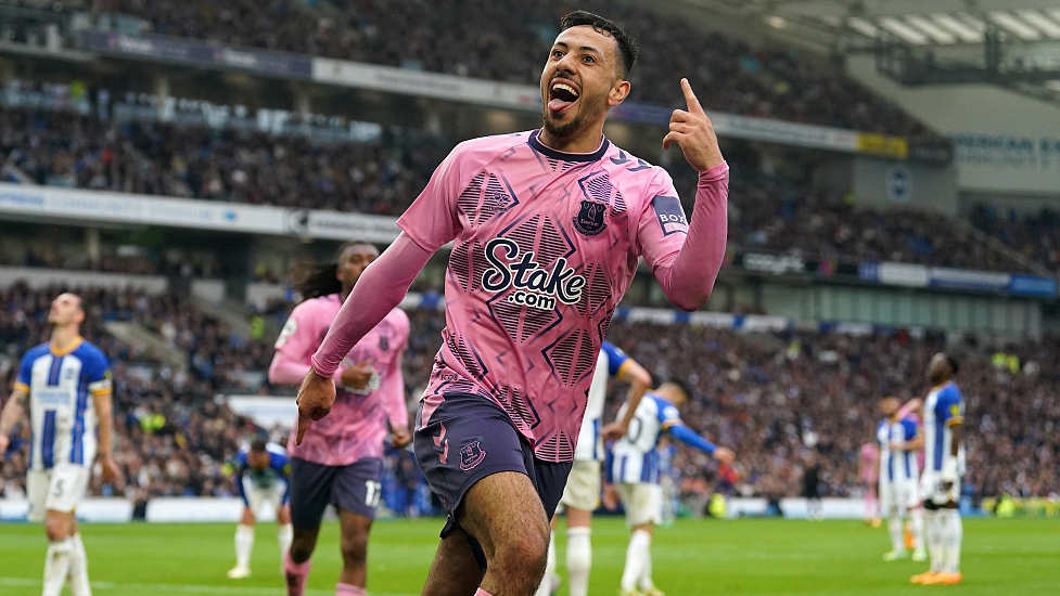 Everton's Dwight McNeil celebrates after Brighton goalkeeper Jason Steele scores an own goal during their Premier League match at The AMEX, Brighton, England, May 8, 2023. /CFP