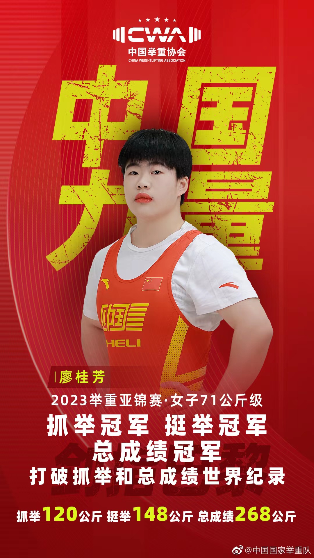 Chinese national weightlifting team's Weibo poster on May 10 honors Liao Guifang's three gold medals at the Asian Weightlifting Championships. /Chinese national weightlifting team
