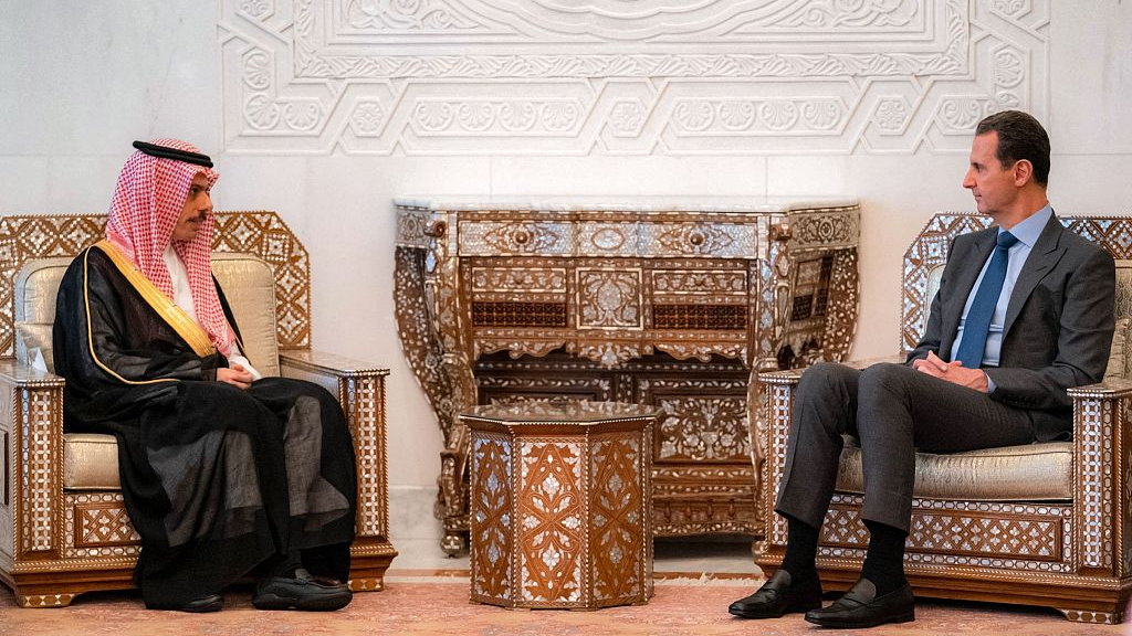Syria's President Bashar al-Assad (R) meets Saudi Arabia's Foreign Minister Faisal bin Farhan in Damascus, Syria, April 18, 2023. /CFP