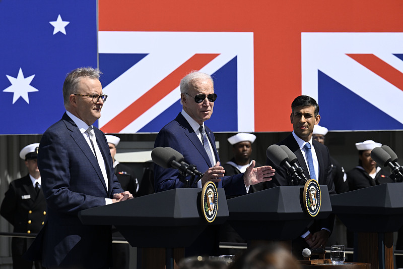 U.S. President Joe Biden, Australian Prime Minister Anthony Albanese and British Prime Minister Rishi Sunak they unveil AUKUS, a trilateral security pact between Australia, Britain and the United States, at Naval Base Point Loma in San Diego, California, U.S., March 13, 2023. /CFP