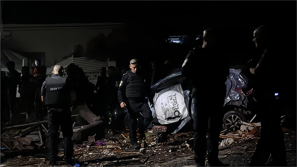 Israeli security personnel work next to a vehicle damaged by a rocket fired from the Gaza Strip, in Ashkelon, southern Israel, May 10, 2023. /Xinhua
