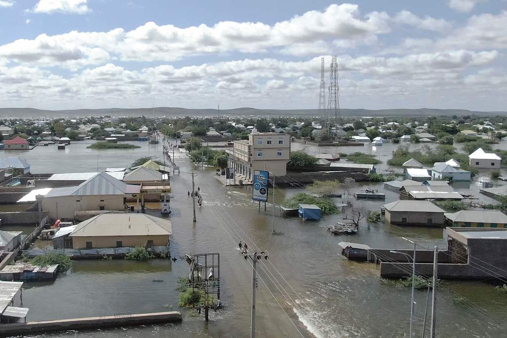 This aerial view shows floodwater in Beledweyne, central Somalia, May 13, 2023. /CFP