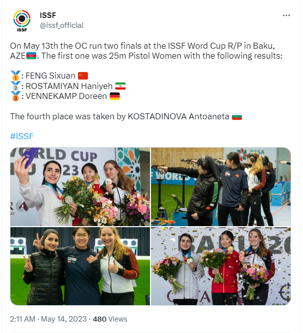 ISSF's tweet on May 14 about medalists in the women's 25m pistol event. /@issf_official 