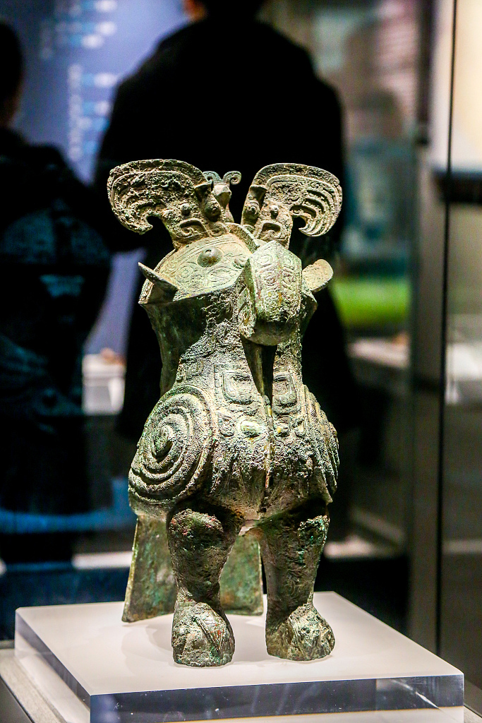 An owl-shaped Zun, a type of bronze wine vessel, excavated at the Tomb of Fu Hao is on display in Henan Museum in Zhengzhou, Henan, February 18, 2021. /CFP
