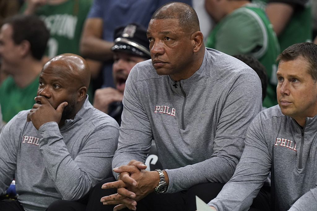 Doc Rivers (C), head coach of the Philadelphia 76ers, looks on during Game 7 of the NBA Eastern Conference semifinals against the Boston Celtics at the TD Garden in Boston, Massachusetts, May 14, 2023. /CFP